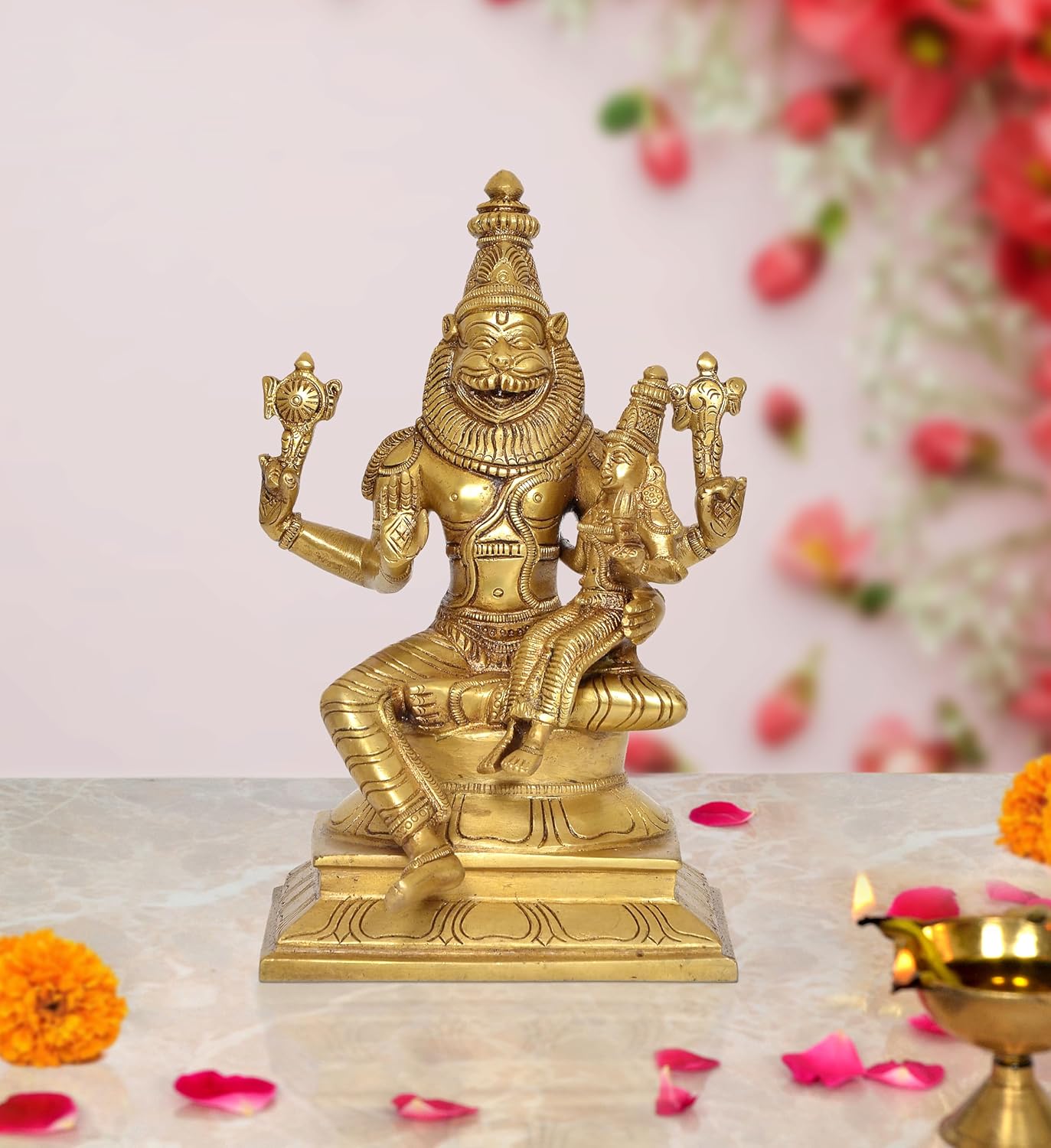 Brass Lakshmi Narasimha Statue for Home Decor Temple Office Mandir, (Height: 9 Inch)