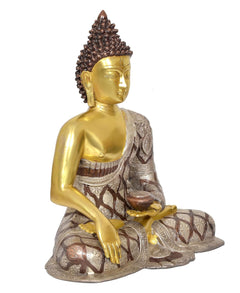 Front three-quarter view: gold brass Buddha holding dhyan mudra, patterned draped robe