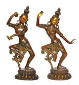 Brass Shiva and Parvati dancing figurines, side view, raised palms and beaded ankle details