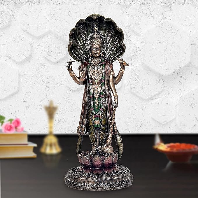 Resin Lord Vishnu figurine, 12-inch tall with lotus base and raised arms