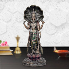 Resin Lord Vishnu figurine, 12-inch tall with lotus base and raised arms
