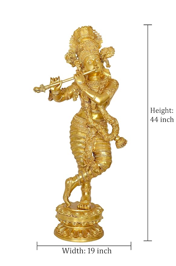 Brass Lord Krishna Idol Figurine Sculpture Playing Flute Statue Decorative Showpiece, (Height 44 Inch)