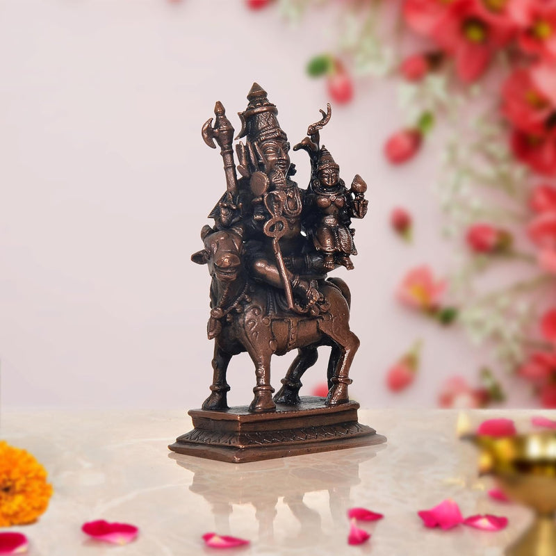 Copper Lord Shiva Parvati Sitting on Nandi Idol Statue | for Pooja Home Decor Mandir | (Height 4.5 Inch)