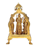 Brass Ram Darbar statue front view, bell-topped frame with three figures on pedestal base
