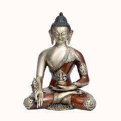 Buddha statue in Bhumisparsha pose, bronze-gold with brown robe, 11 in