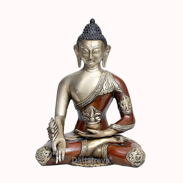 Buddha Statue Enlightenment Pose Brass Idol Red Color Antique Decor Height 11 Inches