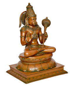 Brass Hanuman Ji statue, side angle with raised blessing hand and holding mace