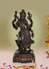 Ardhnarishwar statue: half Shiva-Parvati, dark bronze, four arms, ornate jewelry