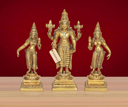 Brass Standing Vishnu with Bhudevi & Sridevi Murti (Height 6 Inch)