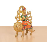 Durga Maa Löwen-Idol, Messing, goldene Haltung mit bunten Schmuckdetails