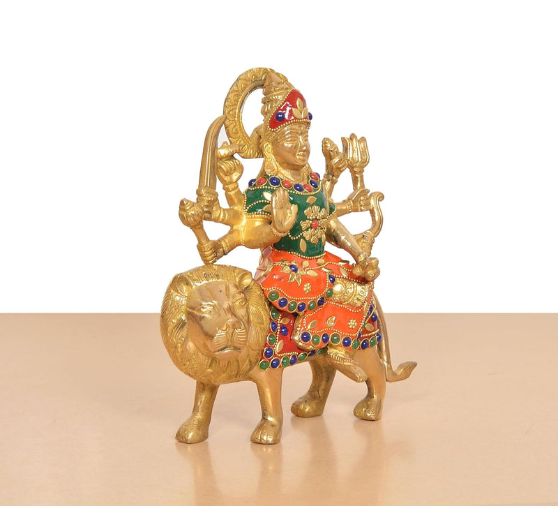 Brass Durga Maa with Lion Idol (Height: 8 inch)