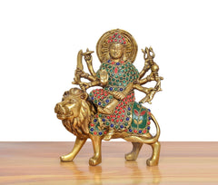 Brass Durga Maa lion idol, multi-color enamel pattern on dress, full front