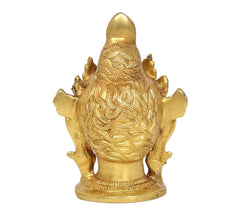 Brass Tara Devi statue back view, flowing hair motif and tall crown