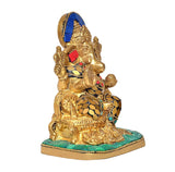 Brass Lord Ganesha statue angled view, blue crown, jeweled chest, teal and gold base