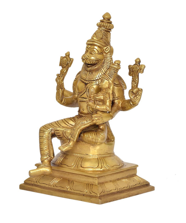 Brass Lakshmi Narasimha Statue for Home Decor Temple Office Mandir, (Height: 9 Inch) Study Setting