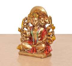 Panchmukhi Hanuman resin idol, side view showing five heads, golden halo, and raised hands