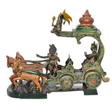 Brass chariot statue with Hanuman, deity riders, and brown horses with chains.
