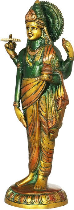 Brass Dhanvantari statue, green robe, gold crown and halo, smiling face