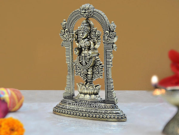 Superfine Brass Lakshmi Standing on Lotus Laxmi Statue Figurine Home Temple Pooja (Height: 4.5 Inch) Study Setting