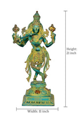 Krishna playing flute idol sculpture: 21 in height, 11 in width, turquoise and gold