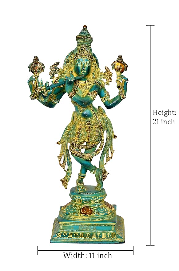 Brass Lord Krishna Idol Figurine Sculpture Playing Flute Statue Decorative Showpiece, (Height 21 Inch)