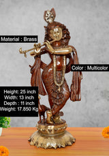 Brass Krishna figurine playing flute, multicolor finish, ornate pedestal base
