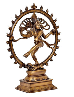 Brass dancing Shiva Nataraj idol, full figure inside spoked circular halo