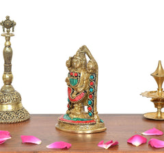 Brass Tirupati Bala Ji idol side view, multicolor inlaid jewelry and crown