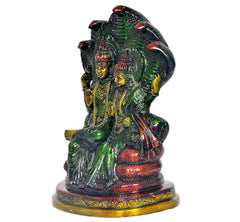 Lakshmi and Vishnu on Sheshnag brass idol statue, side angle, multicolor detailing