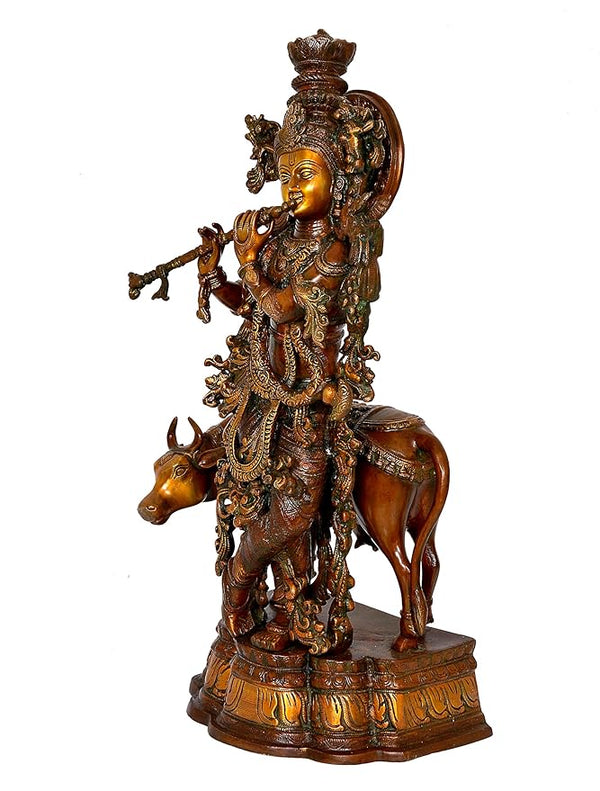 Krishna with Cow Brass Idol Krishna Religious Statue Murti (Height 27 inch) Study Setting
