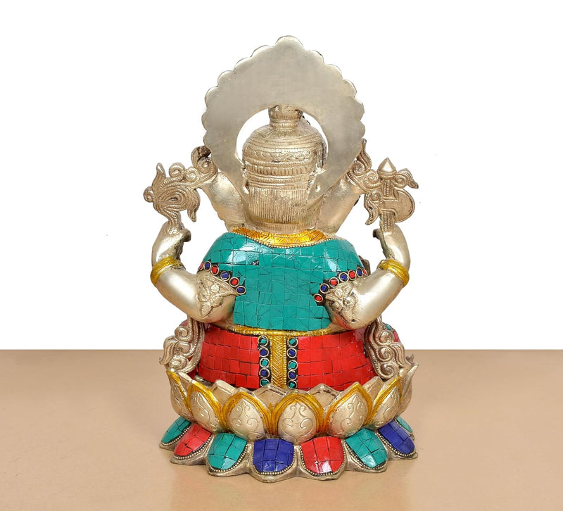 Brass Lord Ganesha Sitting On Lotus (Height: 12.5 Inch)