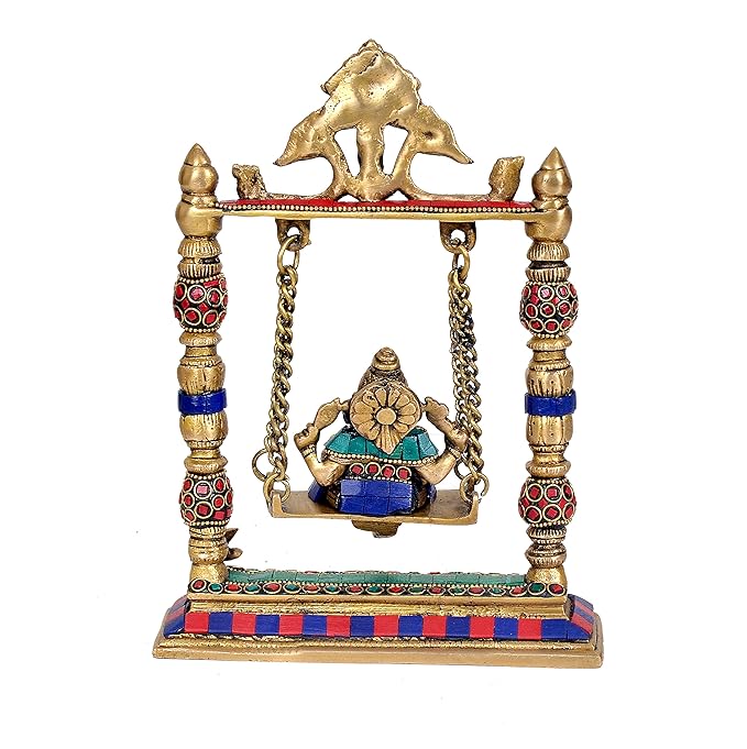 Brass Lord Ganesha On Swing Decorative Showpiece Idol Blue & Red - (Brass, Height 10.25")