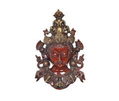 Tara wall hanging mask statue, gold crown and red face with detailed ornaments