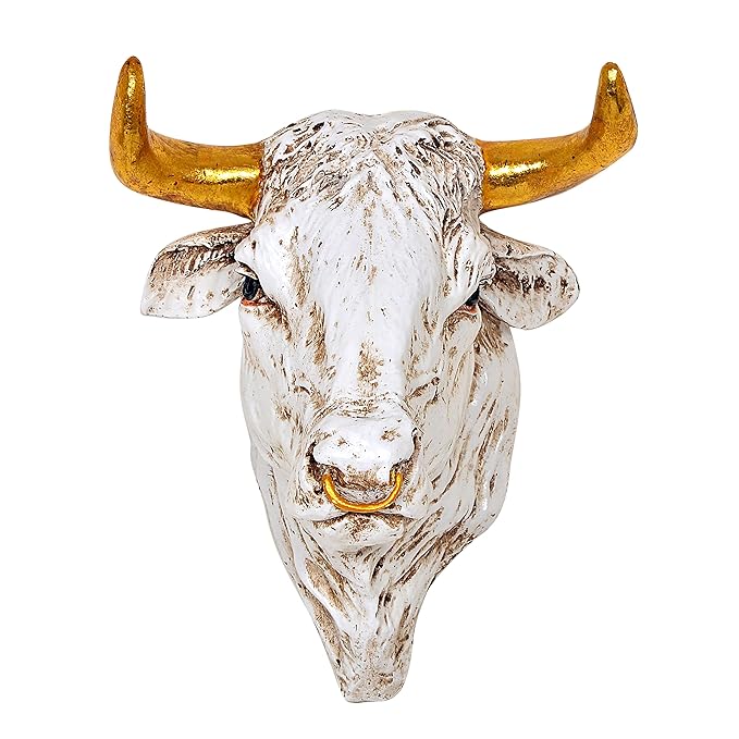 Polyresin bull head wall hanging with gold horns, white and brown textured finish