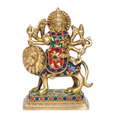 Durga Maa with lion idol figurine in brass finish, multicolor floral jewelry attire