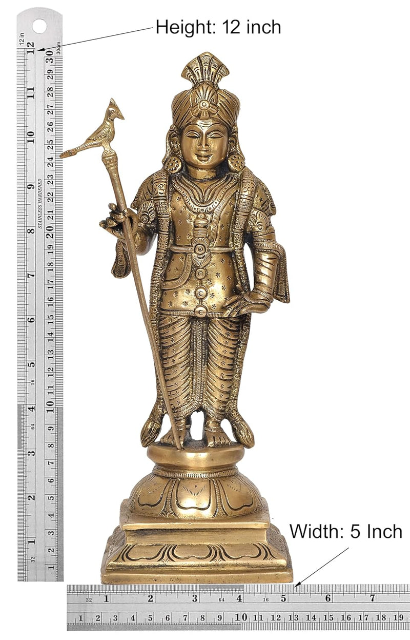 Brass Standing Lord Palani Raja Alangaram Murugan Kartikeya Murti for Home Decor Pooja Mandir Decorative Showpiece Brass Murti golden (Height 12 Inch)