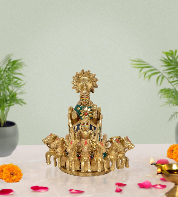 Lord Surya on His Seven Horses Chariot - for Home Decor Mandir Pooja Brass Statue, (Height : 5.5 inch) (Multicolor1)