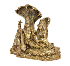 Brass Maa Lakshmi and Lord Vishnu idol statue, left side view, Sheshnag hood base