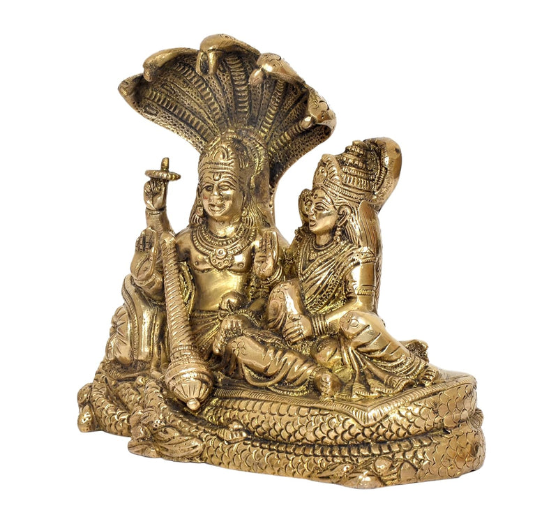 Maa Lakshmi with Lord Vishnu On Sheshnag Idol Statue for Home Mandir Temple Office Decor - (Brass, Height 6.5 Inch)