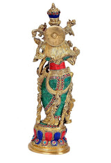Back view of brass Radha Rani idol (15 in) with ornate crown and teal-red garments