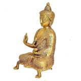 Brass Buddha statue in Abhaya mudra, side seated pose with detailed robe, 9 in