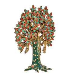 Kalpavriksha tree figurine, jeweled leaves on brass branches, green dress and feet