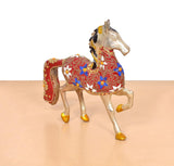 Brass running horse statue, three-quarter view, red-and-blue jeweled pattern