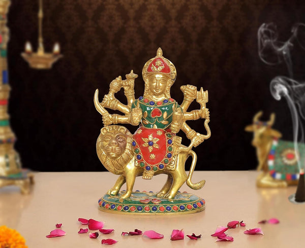 Brass Durga Maa with Lion Idol (Height: 6.5 Inch)