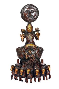 Brass sun chariot statue: seated deity with halo and 7-horse team, brown-gold.