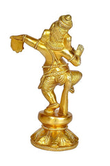 Brass Dancing Ganesha decor idol, golden finish, dynamic pose, round base