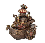 Steampunk-Gondola-Statue aus Harz, Vorderansicht mit rotem Radkreuz und Messingkanistern
