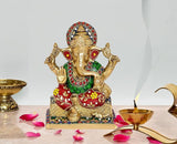 Messing-Ganesha-Statue mit mehrfarbigen Details, vier Arme, auf Sockel, ca. 7 Zoll