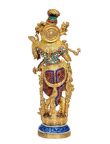 Brass Lord Krishna sculpture from back/side, ornate gold headdress, blue jeweled base