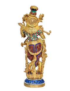 Brass Lord Krishna sculpture from back/side, ornate gold headdress, blue jeweled base